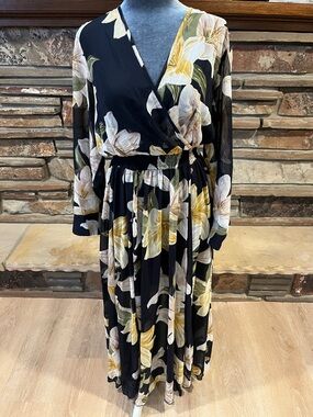 Alexa B Nites Black Floral Faux-Wrap Maxi Dress with Yellow & Cream Blooms
